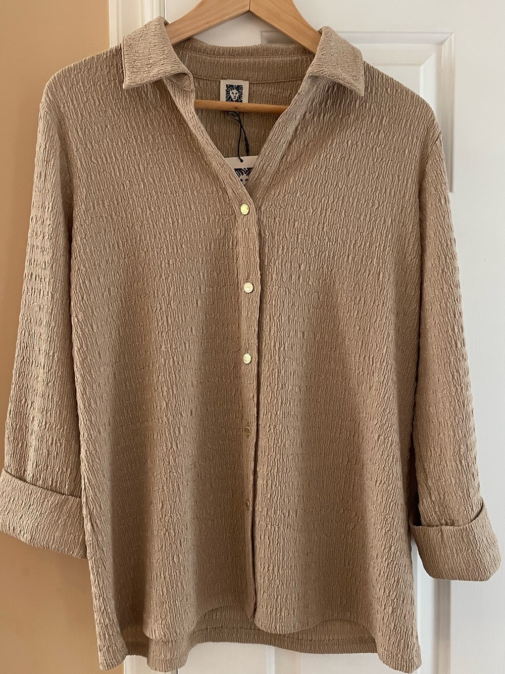 Anne Klein Taupe Layered Textured Button-Front Shirt with Matching Tank Large
